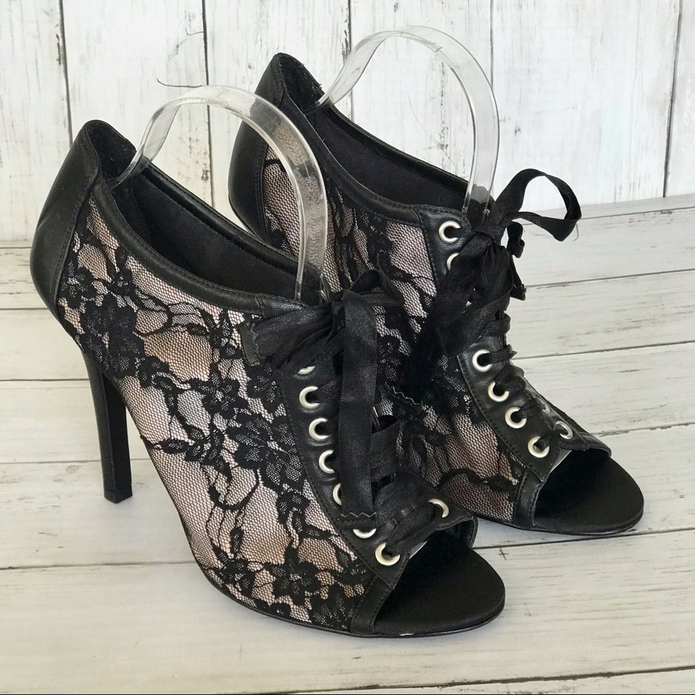 Nine&Co Lace Covered Heels/Booties with Satin Ties